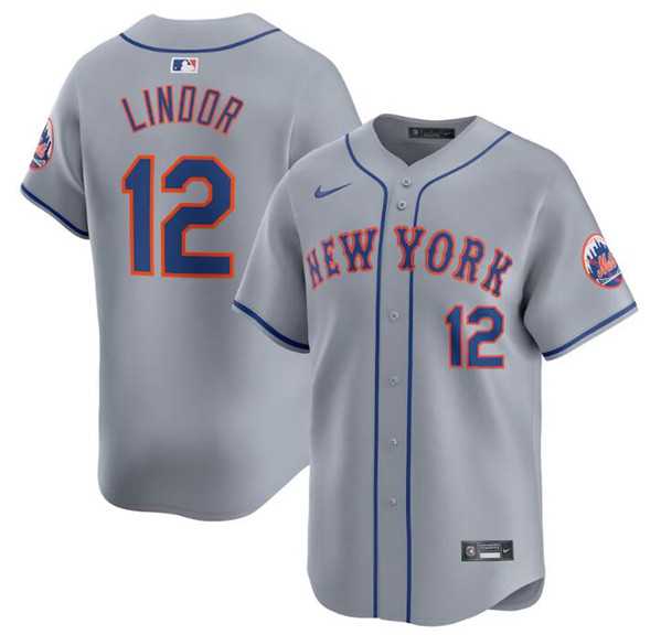 Mens New York Mets #12 Francisco Lindor 2024 Gray Away Limited Stitched Baseball Jersey Dzhi